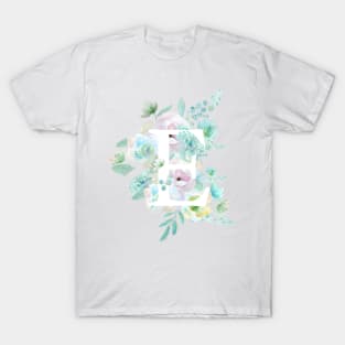 Botanical alphabet E green and purple flowers T-Shirt